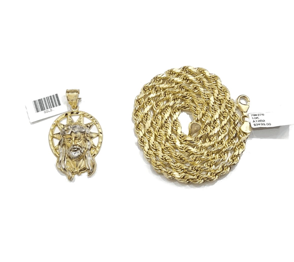 10k Gold Circular Jesus Star Head Charm Rope Chain Necklace 6mm 26'' Set Pendant - GoldenlinQ